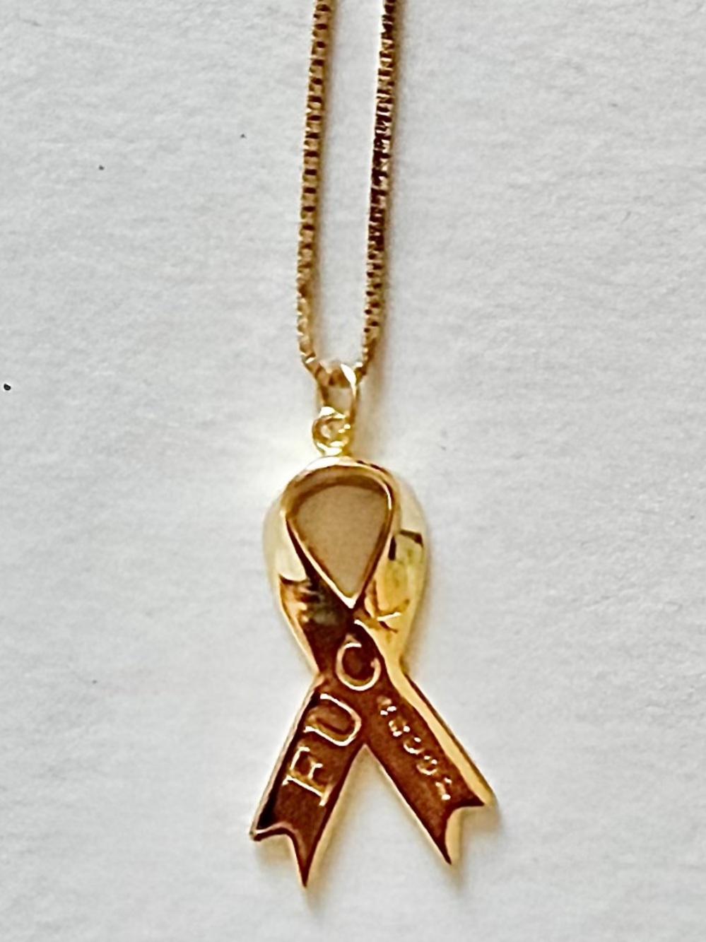 Gold Ribbon Pendant Necklace - 'F@&k cancer' FINE vermeil (s925/18k plated)